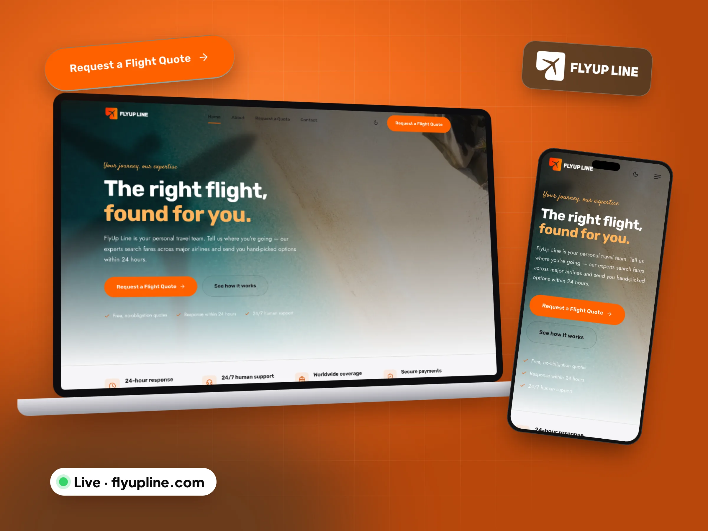 The FlyUp Line website on a laptop and phone, live at flyupline.com