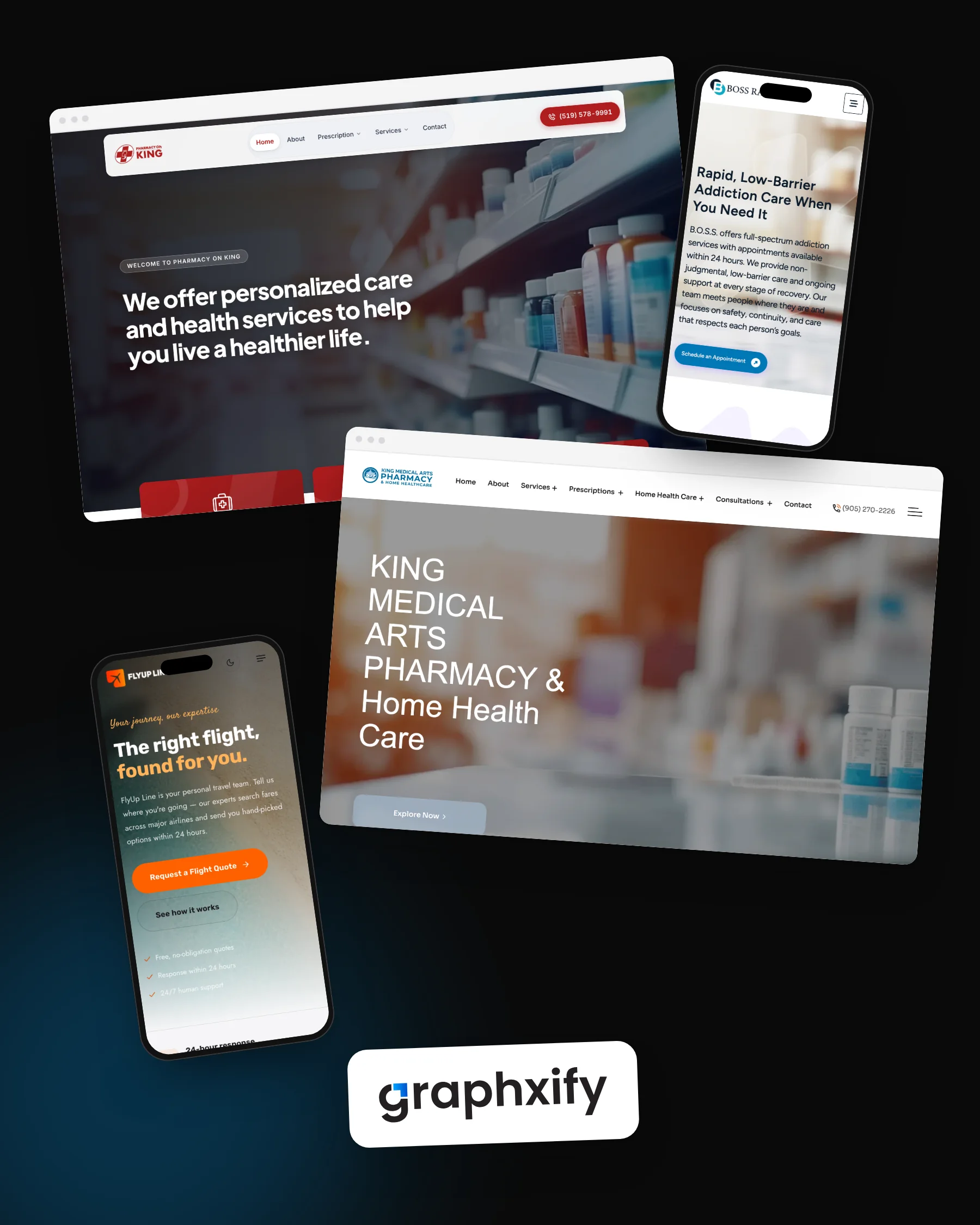A moodboard of websites Graphxify designed and built, on laptops and phones, with the Graphxify logo