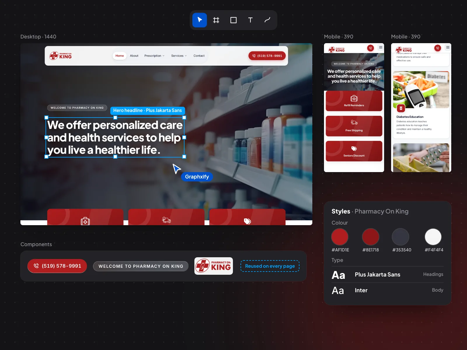 The Pharmacy On King homepage in a design file: desktop and mobile artboards, its colour and type styles, and reusable components