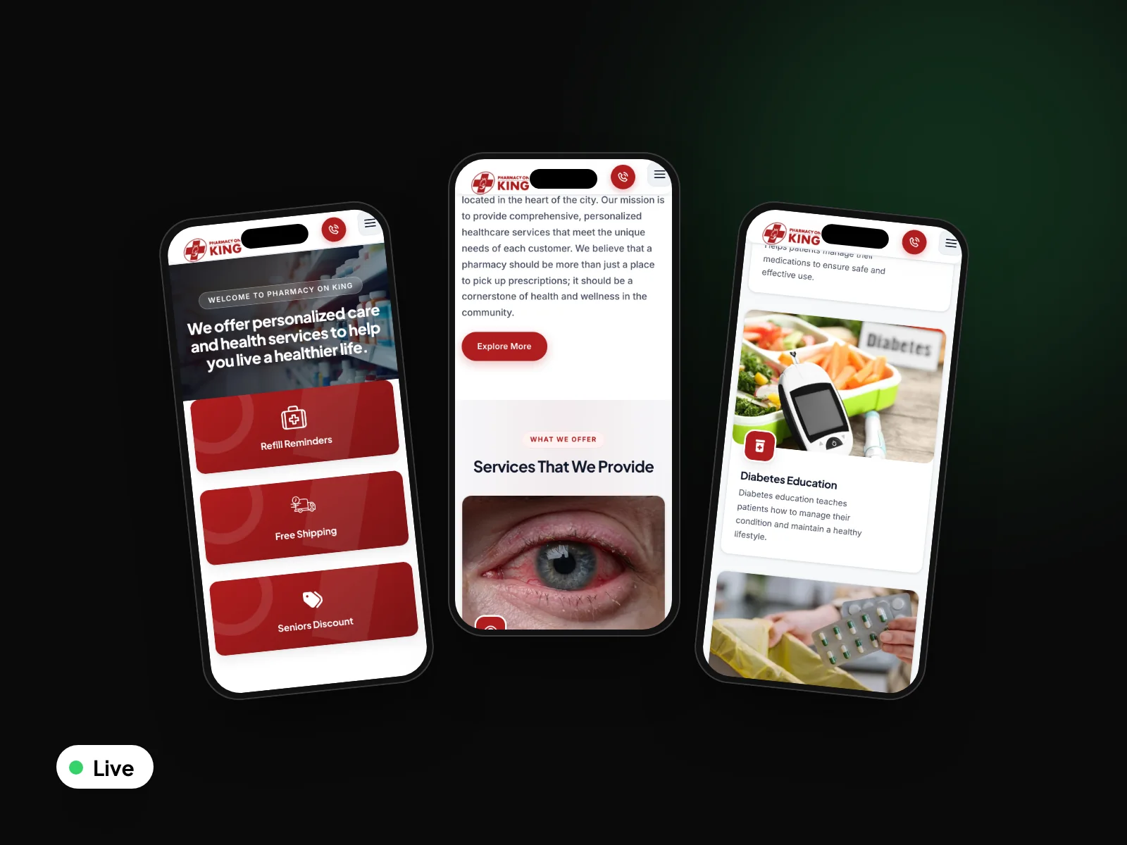 The live Pharmacy On King website on three phones