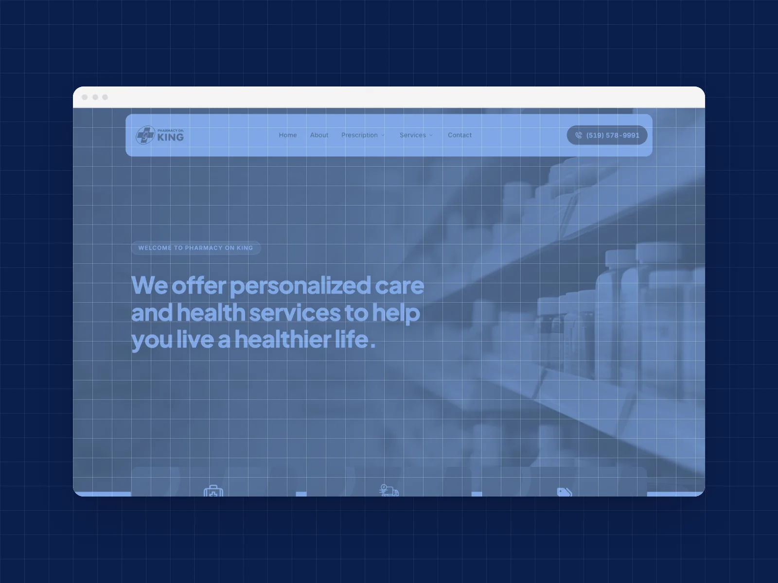 The Pharmacy On King homepage as a blueprint wireframe